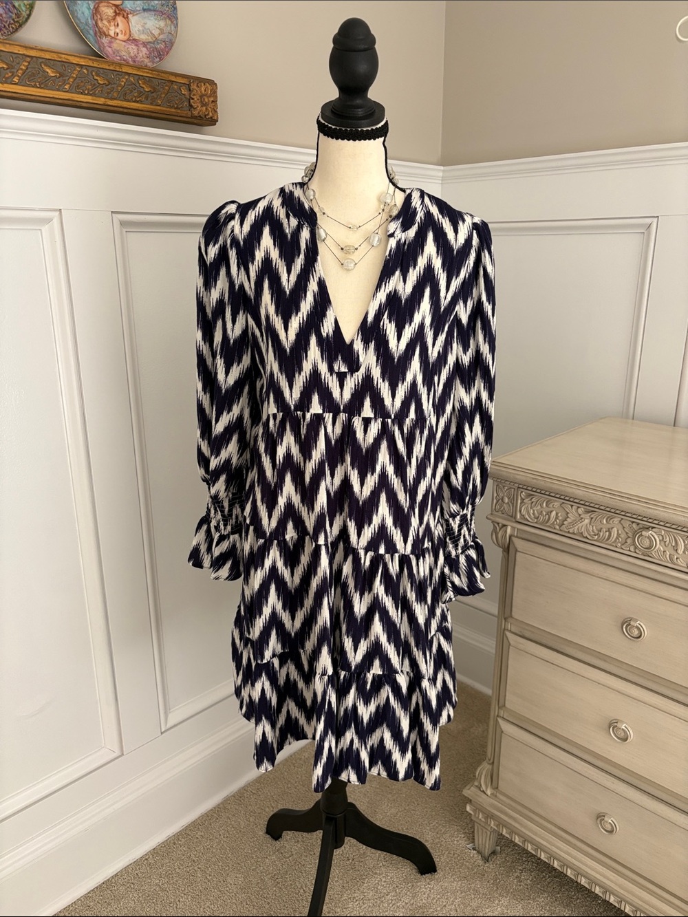 Tuckernuck Navy & White Ikat Tiered Long-Sleeve Dress